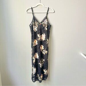 Vintage Lingerie Slip Dress Women's Medium Black Floral Peach Semi Sheer Lace
